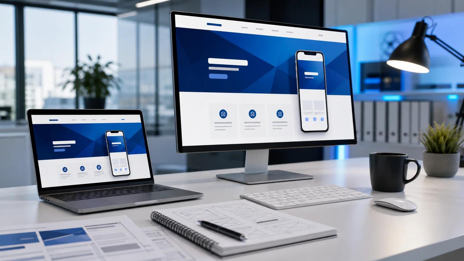 Professional website design workspace with desktop monitor and laptop
