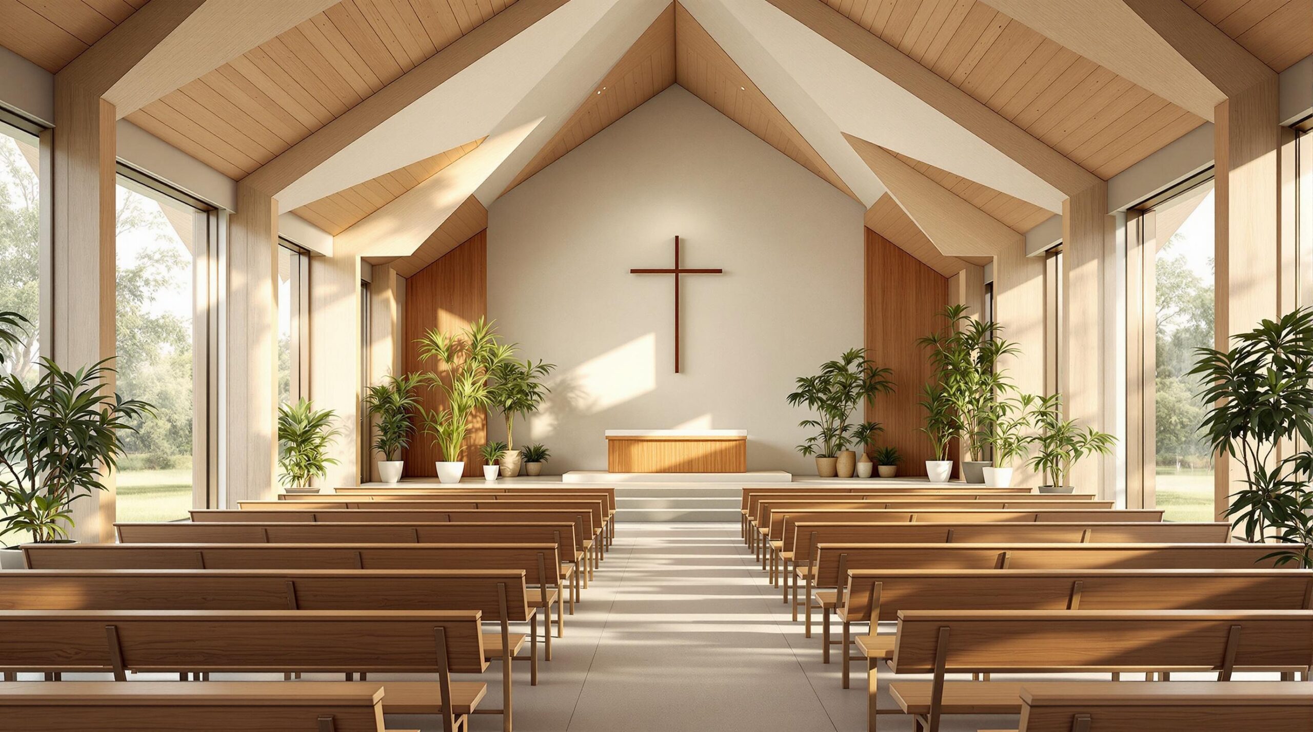 Bright church interior with seating and a cross